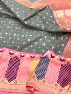 Grey Pure Mulberry Kora Silk Handwoven Banarasi Saree | Kadhiyal Border
