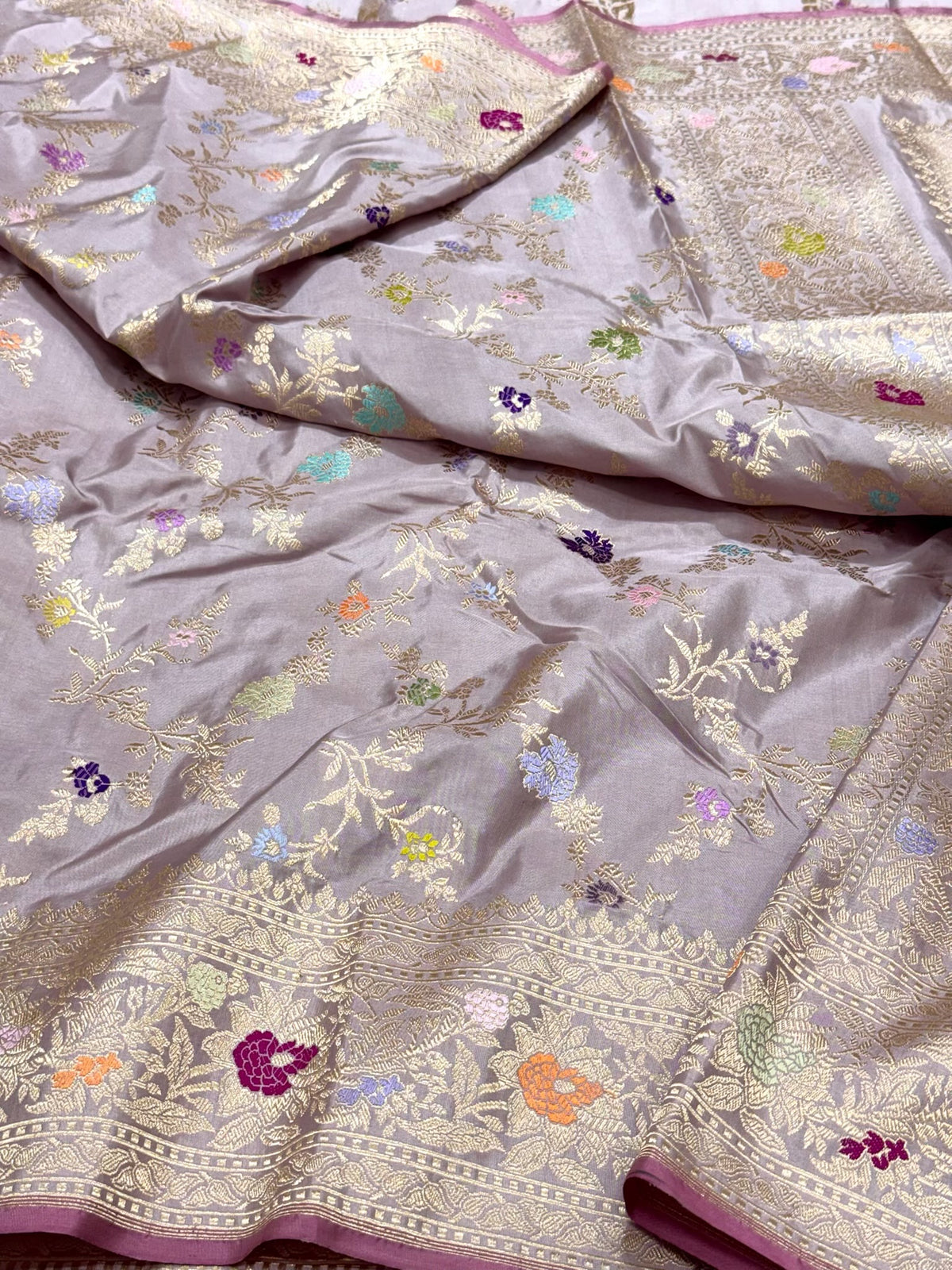 Dusty Lilac Pure Mulberry Double Katan Silk | Kadhwa Weave | Handwoven Timeless Authentic Banarasi Saree