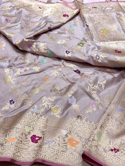 Dusty Lilac Pure Mulberry Double Katan Silk | Kadhwa Weave | Handwoven Timeless Authentic Banarasi Saree