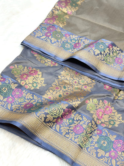 Steel Gray Pure Katan Silk Handwoven Banarasi Saree |Kadhuwa Weave|
