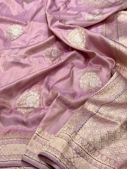 Mauve Pink Pure Mulberry Katan Tissue Silk Handwoven Banarasi Saree - Kadhwa Weave