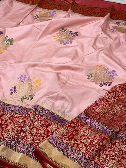 Powder Pink Pure Katan Mulberry Silk Handwoven Banarasi Saree - The Statement Six Yards