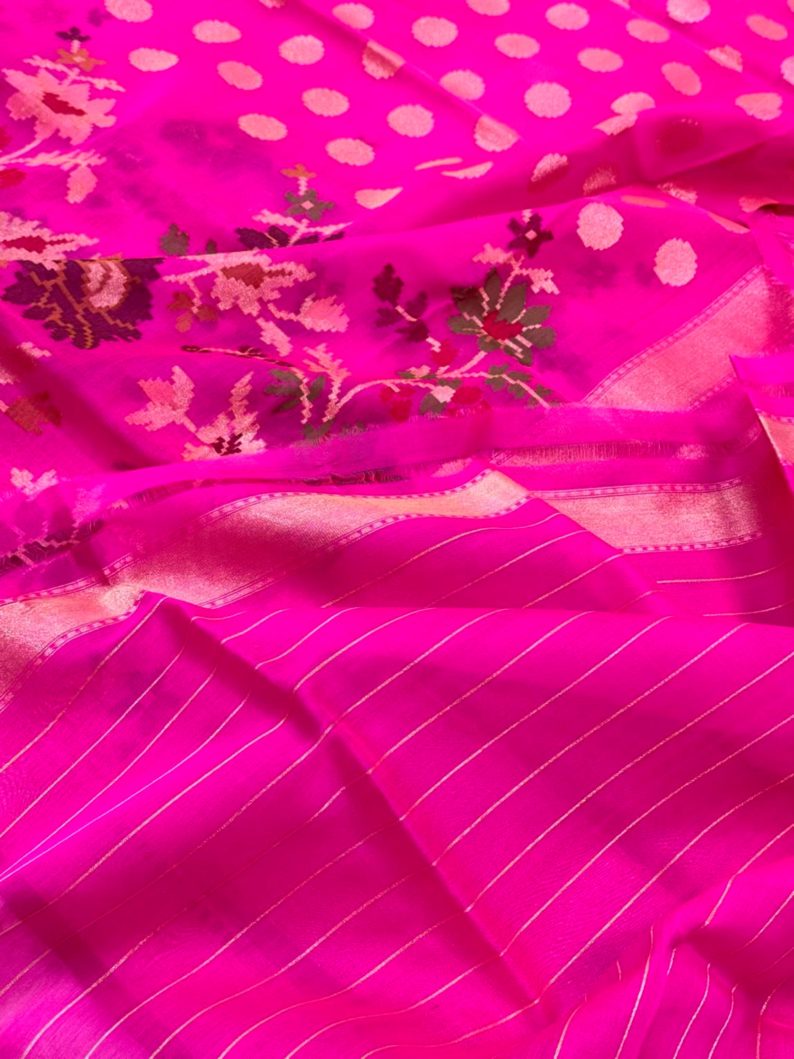 Fluorescent Pink Pure Kora Organza Silk Handwoven Banarasi Saree