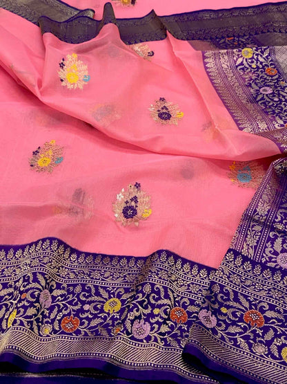 Pink/Purple Pure Mulberry Kora Silk Handwoven | Kadhwa Technique | Banarasi Saree - Effortless Drape