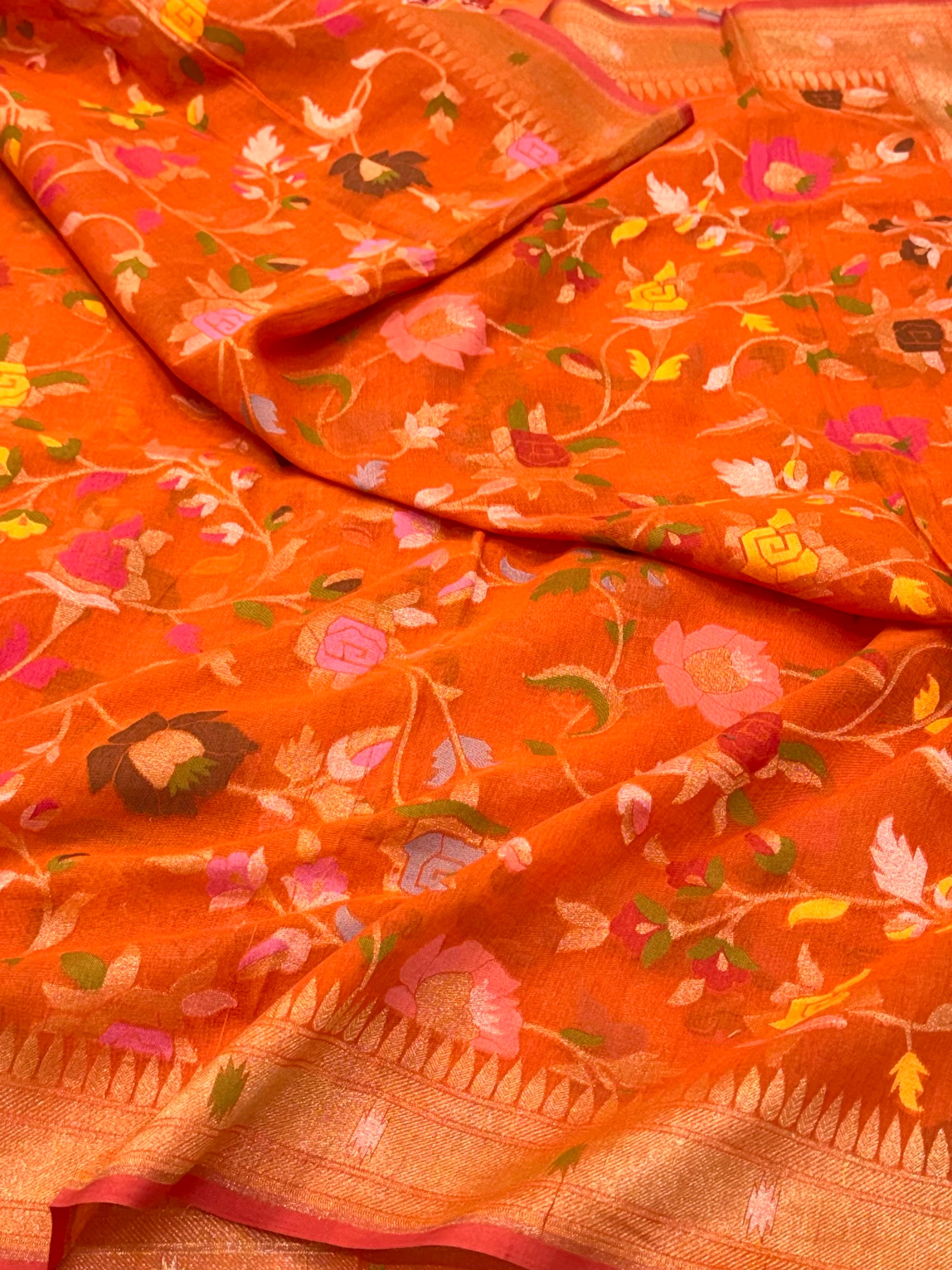 Rust Orange Pure Muslin Cotton Jamdani Ektara Handloom Banarasi Dupatta