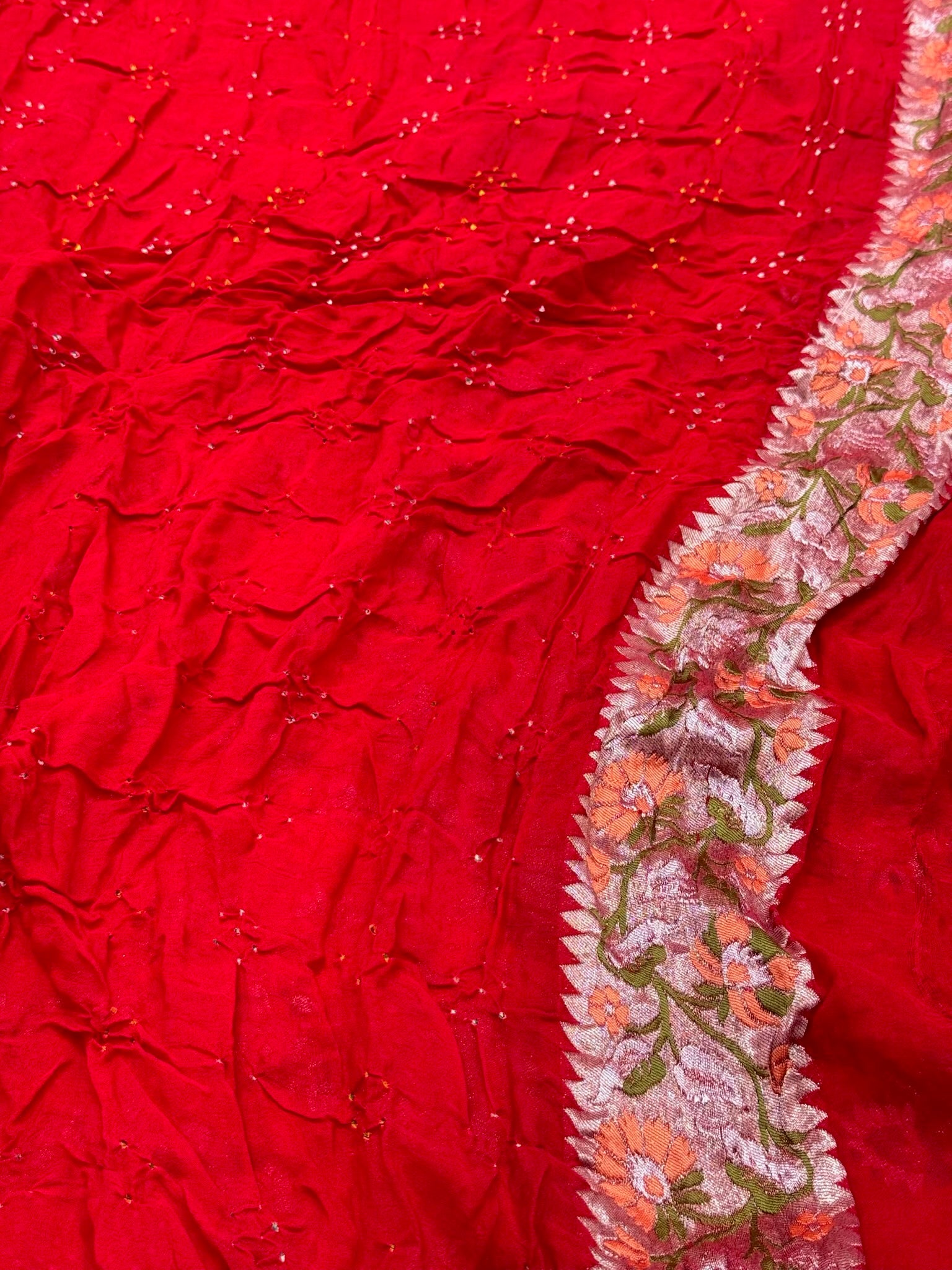 Red Pure Chiffon Georgette Handloom Authentic Banarasi Bandhej Saree - Heritage In A New Light