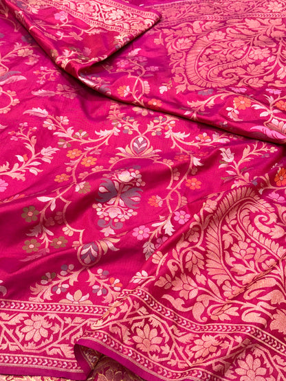 Pink Pure Katan Silk Contemporary Jamdani Handloom Banarasi Saree- Ektara Weave
