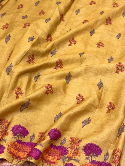 Mustard Yellow Pure Tussar Silk Handloom Printed with Embroidery Banarasi Saree - Soft Lightweight Banarasi Saree