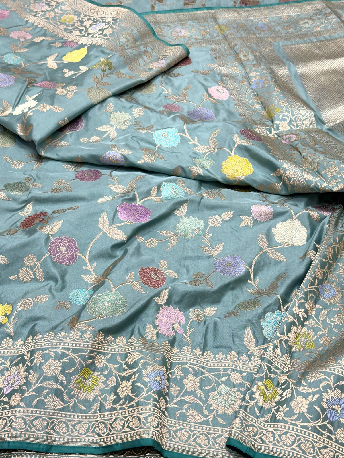 Dusty Blue Pure Double Katan Silk & Mulberry Silk | Kadhwa Weave | Handwoven  Authentic Banarasi Saree