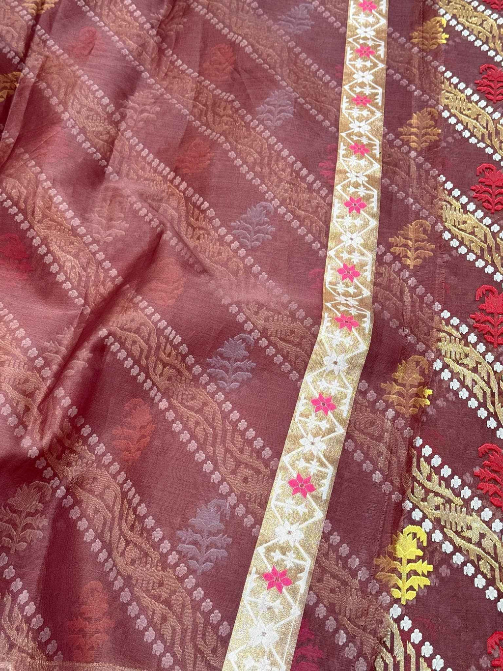 Fluorescent Pink Pure Kora Organza Silk Ektara Jamdani Handwoven Banarasi Saree