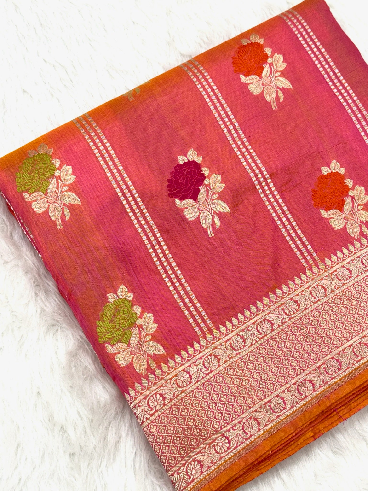Orangish Pink Pure Mulberry Katan Silk Handloom Banarasi Saree