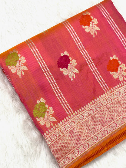 Orangish Pink Pure Mulberry Katan Silk Handloom Banarasi Saree