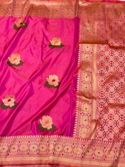 Bright Pink Pure Mulberry Silk Saree With Pure Katan Silk | Kadhwa Technique | Handwoven Authentic Ektara Banarasi Saree