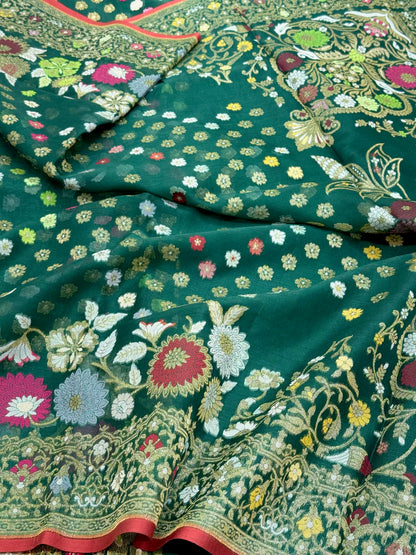 Emerald Green Pure Kora Silk Jamdani | Ektara Technique | Handloom Banarasi Saree - The Banarasi Muse