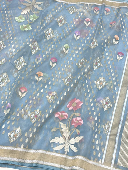 Sky Blue Pure Mulberry Kora ( Organza ) Silk Ektara Jamdani Handloom Contemporary Banarasi Lightweight Saree