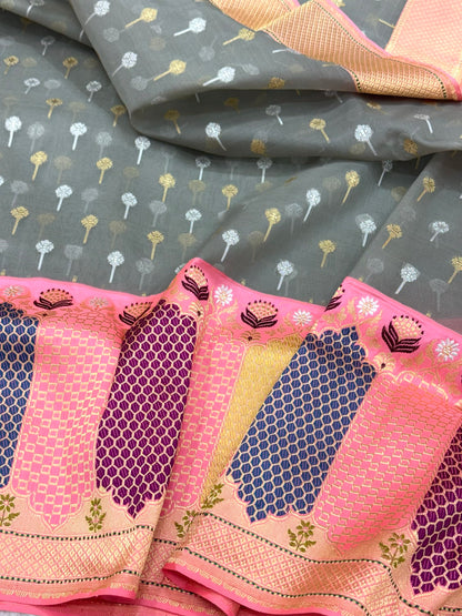 Steel Grey Pure Mulberry Kora Silk Handwoven Banarasi Saree | Kadhiyal Border