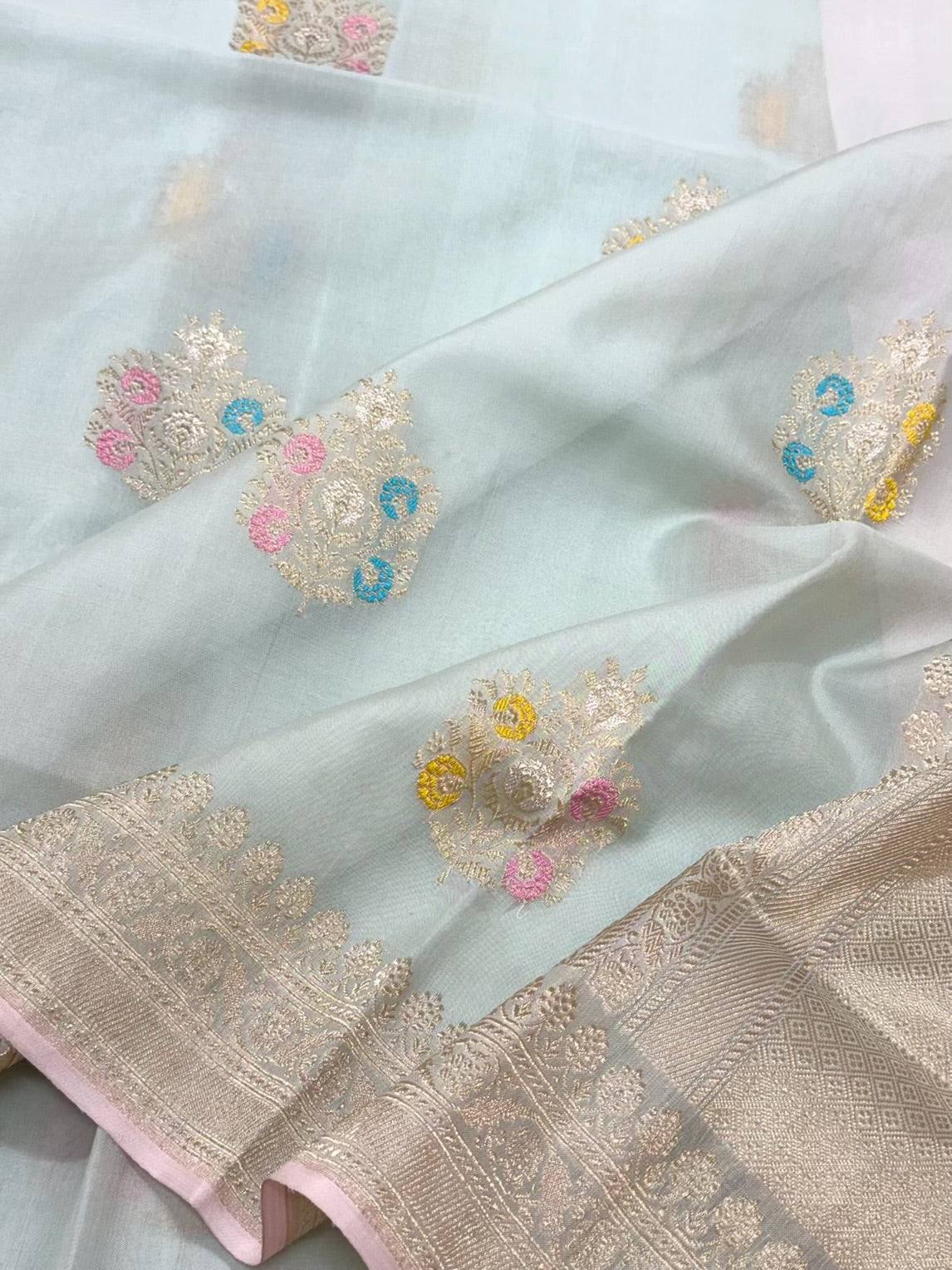 Pastel Blue Pure Mulberry Silk | Ektara Technique | Pure Kora Silk Handwoven Soft Drape  Lightweight Banarasi Silk Saree