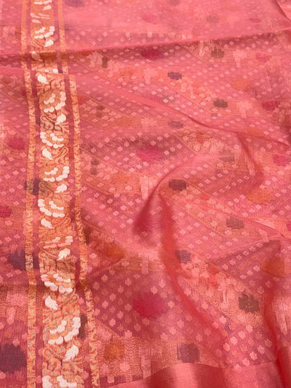 Mauve Pink Pure Mulberry Kora Silk ( Organza ) Handloom Ektara Jamdani Banarasi Saree