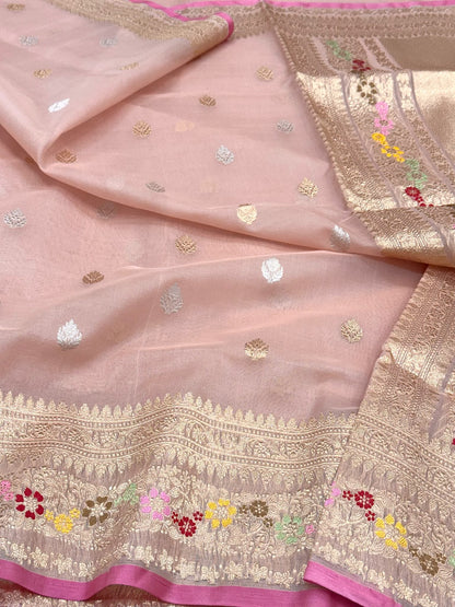 Light Peach Pure Mulberry Kora Silk Handwoven | Kadhwa Weave | Banarasi Saree