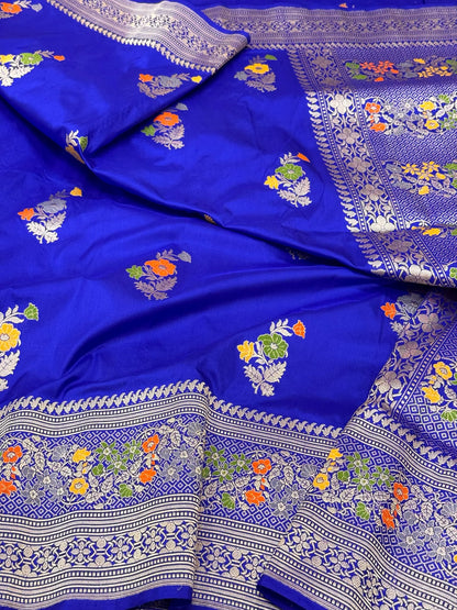 Blue Pure Katan Silk & Pure Mulberry Silk | Kadhwa Technique | Handwoven Banarasi Saree
