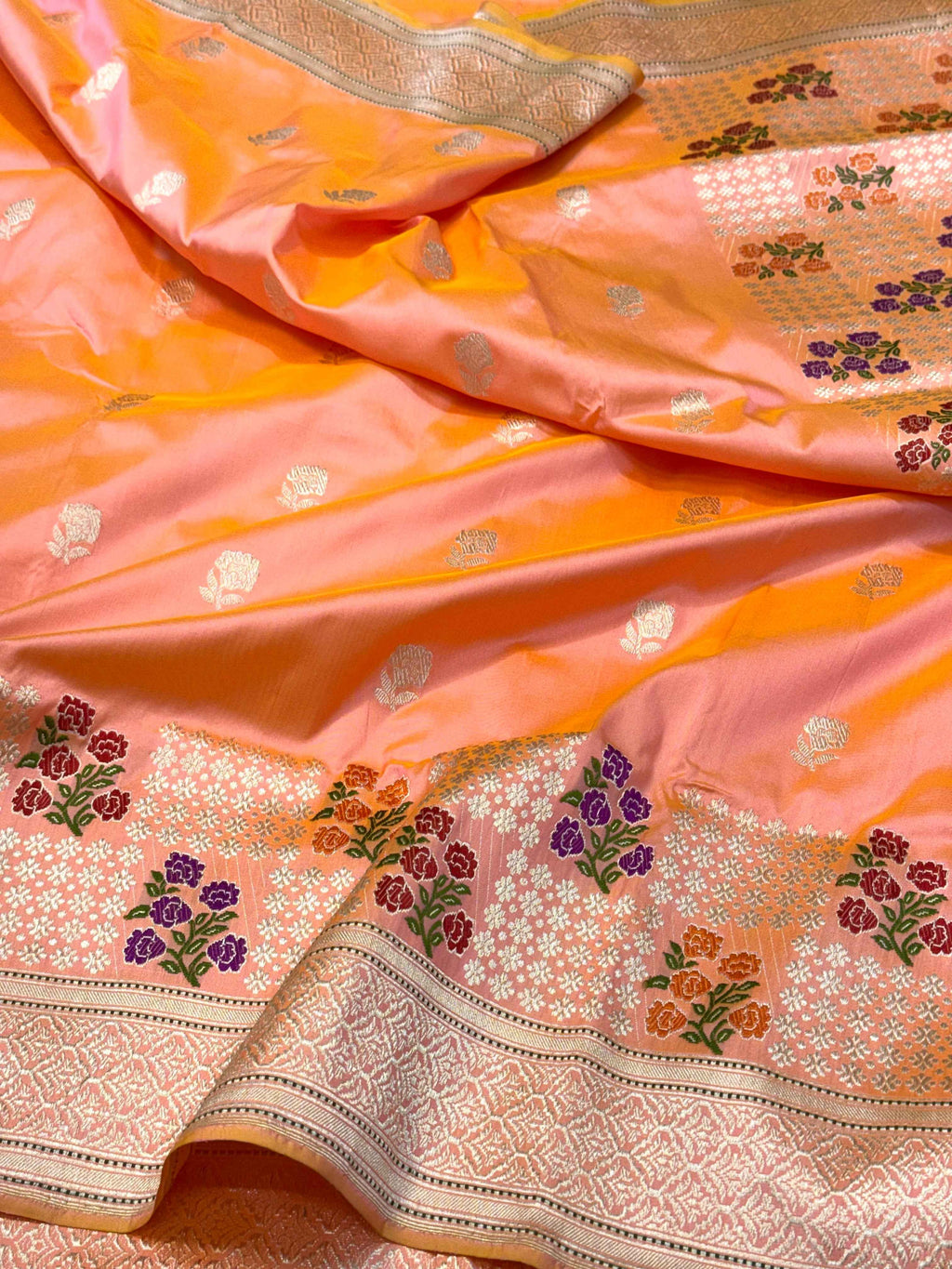 Peach Orange Pure Mulberry Katan Silk Handwoven Banarasi Saree