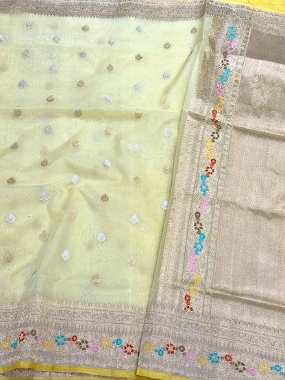Pastel Yellow Pure Kora Silk & Pure Mulberry Silk Banarasi Saree - Kadhwa Technique