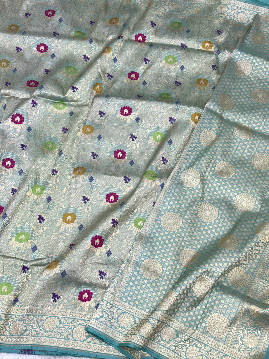 Sea Green Pure Mulberry Katan Silk Handloom Banarasi Saree