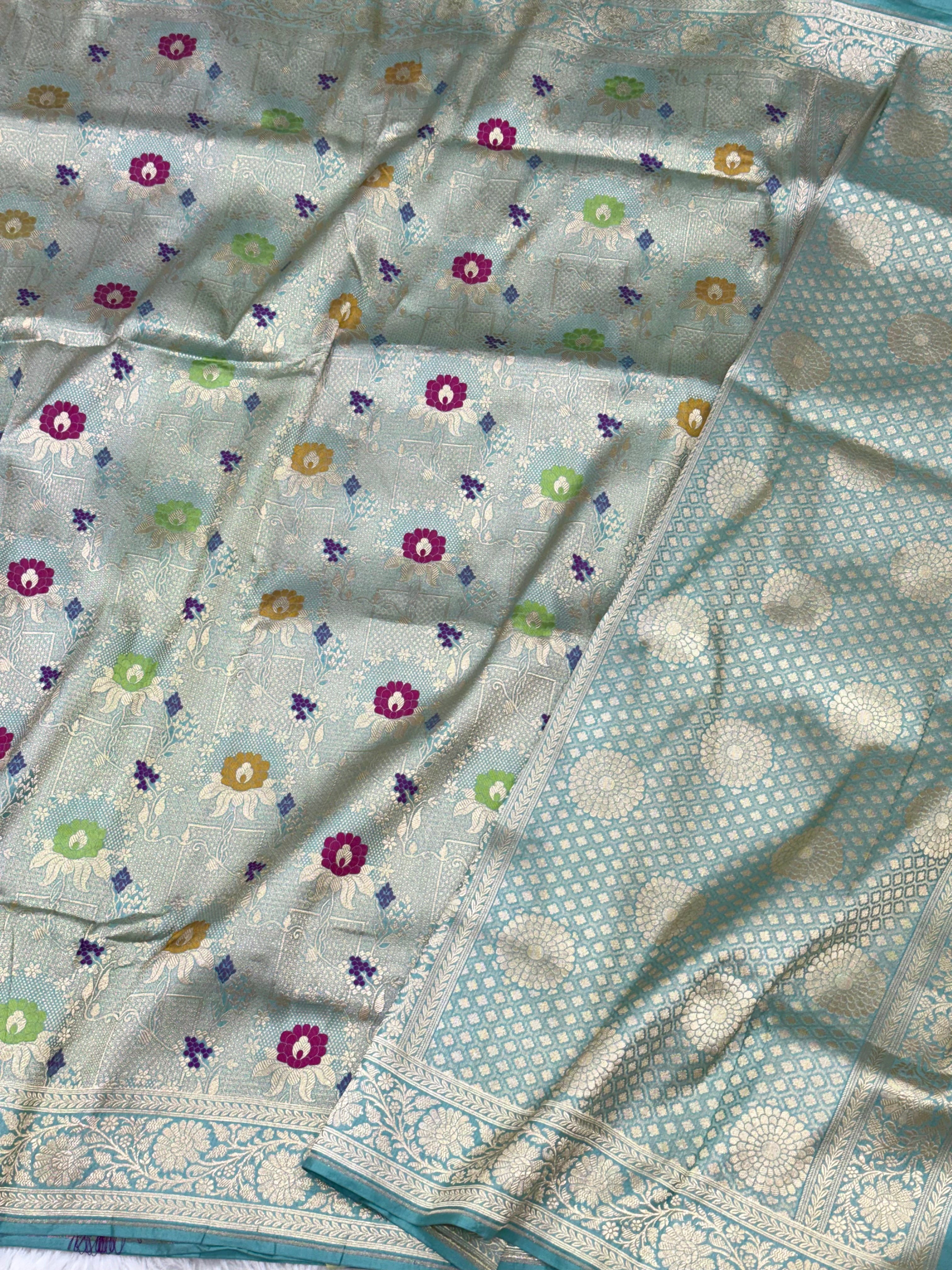 Sea Green Pure Mulberry Katan Silk Handloom Banarasi Saree