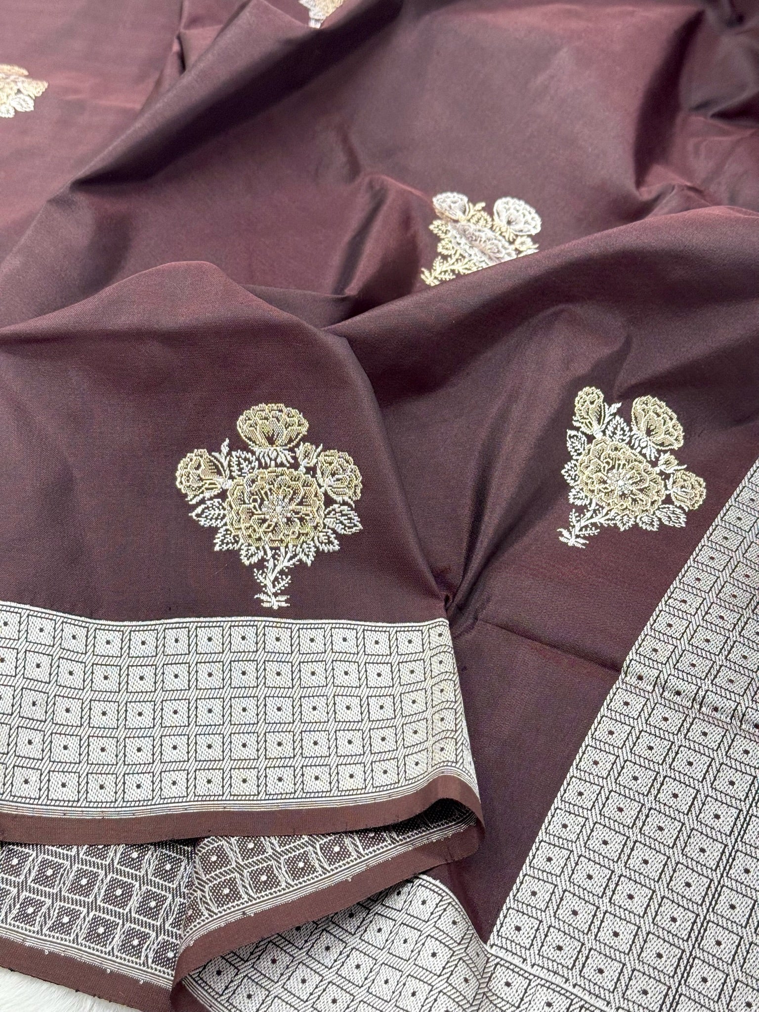 Brown Pure Katan Silk Handwoven Banarasi Saree