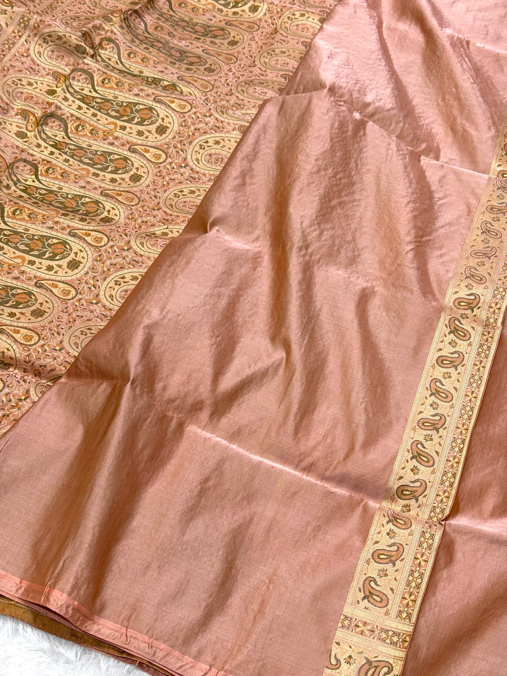 Peach Pink Pure Satin Silk Handwoven Banarasi Tanchoi Saree