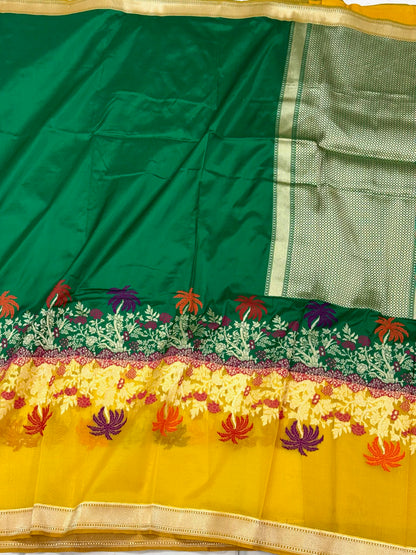 Emerald Green Modern Banarasi Handwoven | Kadhwa Weave | Pure Mulberry Katan Silk Contemporary Saree With Kora Border