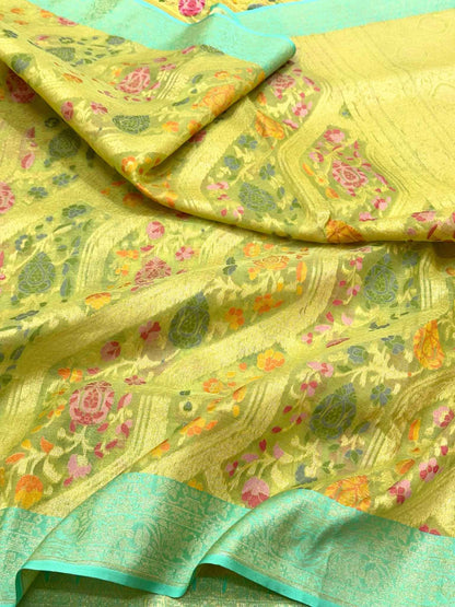 Pista Green Pure Kora Mulberry Silk Ektara Weave Jamdani Handloom Banarasi Saree