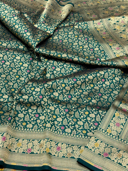 Dark Green Pure Mulberry Katan Silk Handloom Banarasi Brocade Saree - Authentic Banarasi  Meenakari Saree