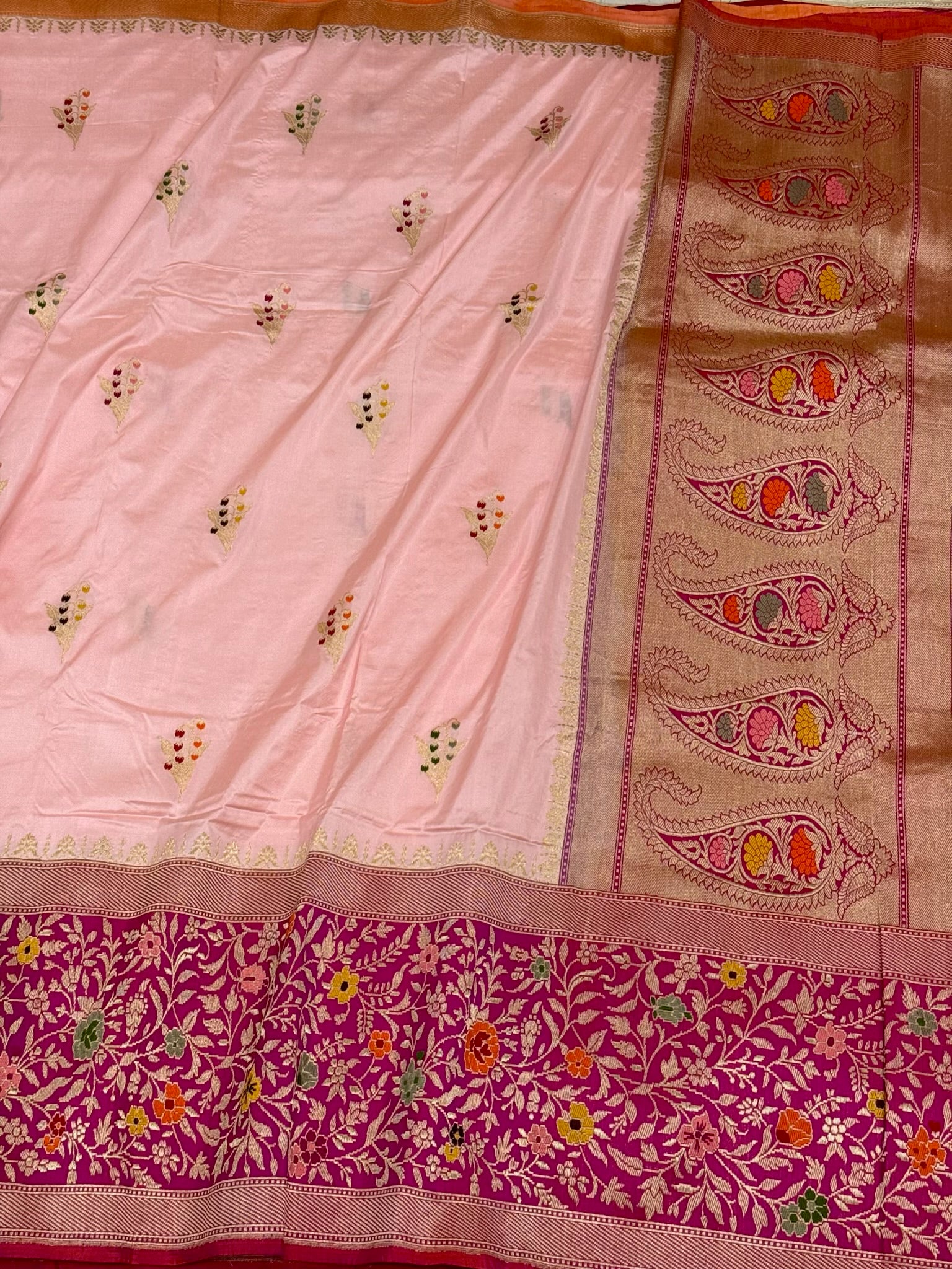 Powder Pink Pure Katan Mulberry Silk Banarasi Saree | Royal Banarasi Handwoven Kadhwa Saree