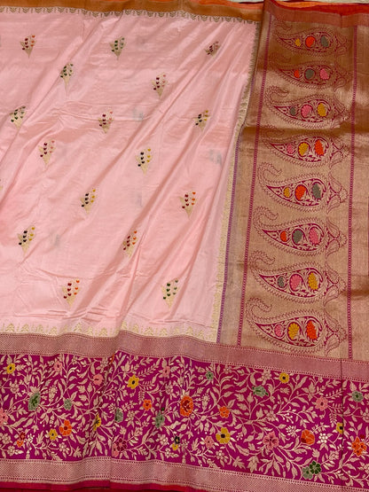 Powder Pink Pure Katan Mulberry Silk Banarasi Saree | Royal Banarasi Handwoven Kadhwa Saree