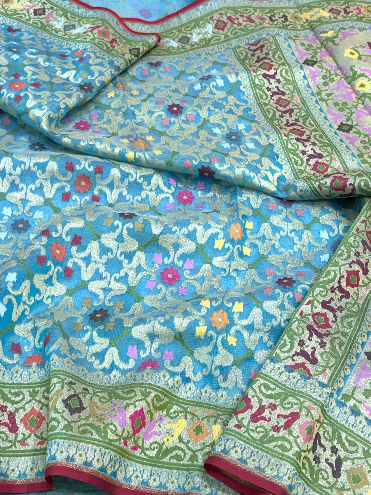 Sky Blue Pure Kora Mulberry Silk Jamdani | Ektara Technique | Handloom Modern Lightweight Banarasi Saree