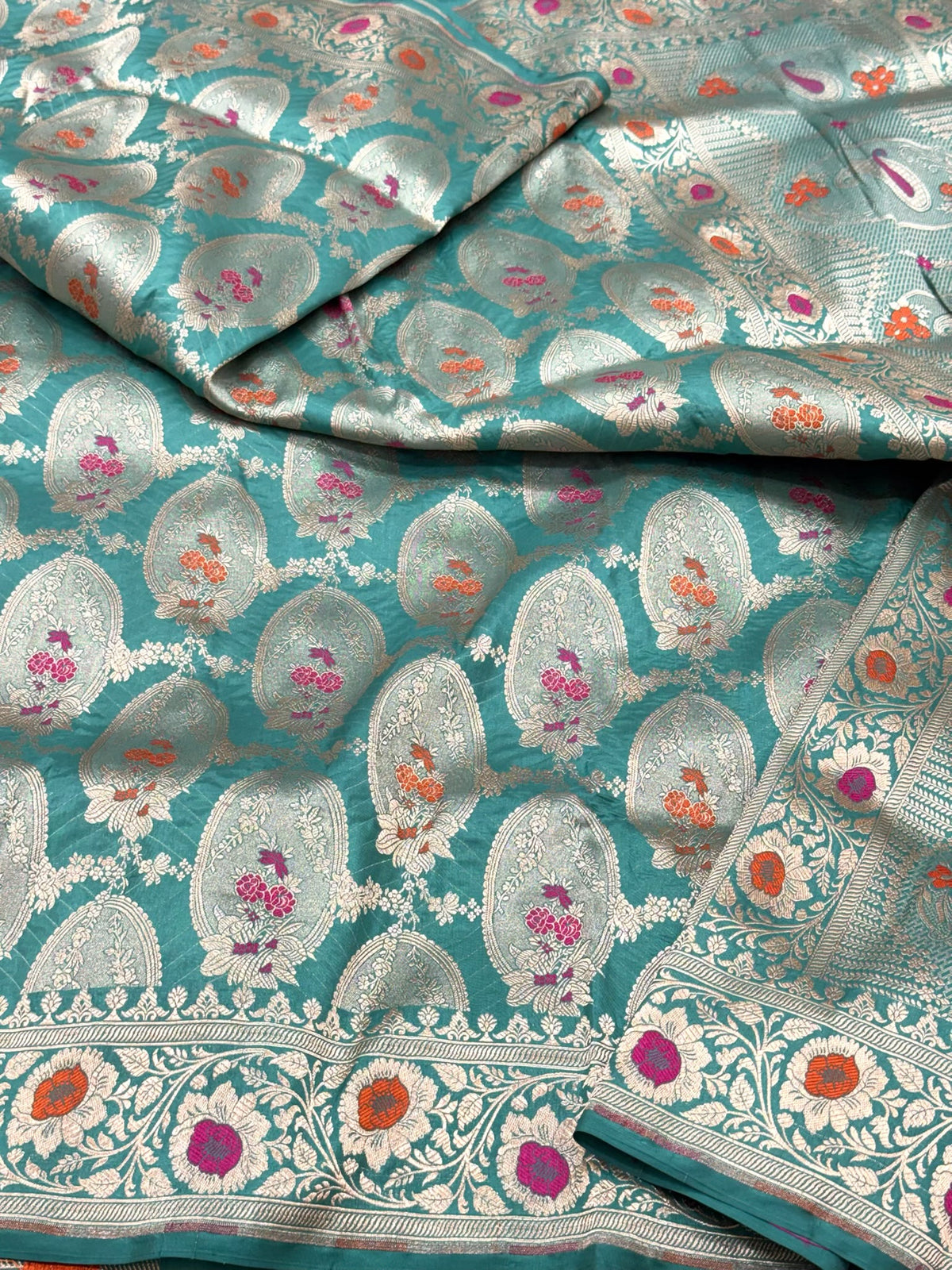 Sea Green Pure Katan Mulberry Silk Handloom Banarasi Saree | Modern Geometrical Banarasi Saree