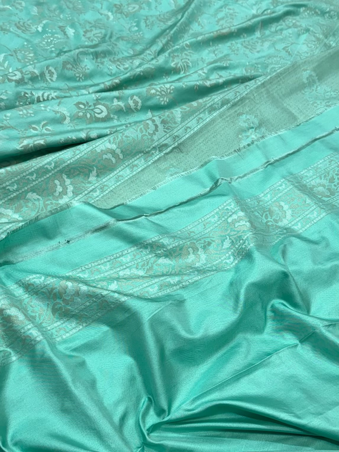 Aqua Green Pure Mulberry Katan Silk Jamdani Handwoven Banarasi Saree |Ektara Weave|