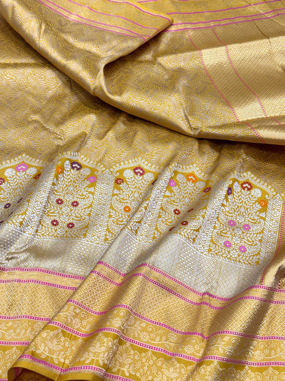 Mustard Yellow Pure Mulberry Katan Silk Handwoven Banarasi Saree |Brocade|