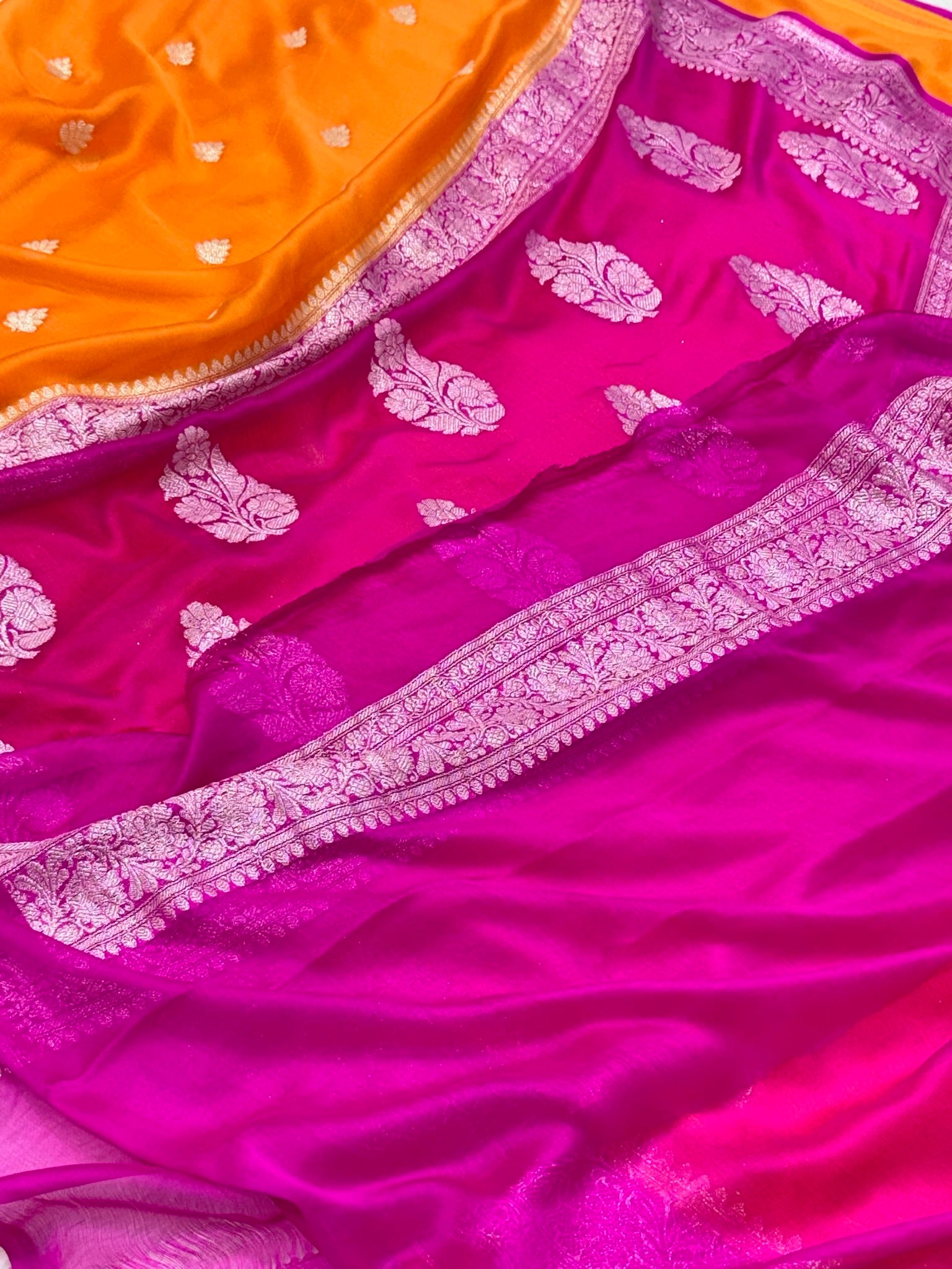 Orange Pure Chiffon Georgette Handwoven Saree