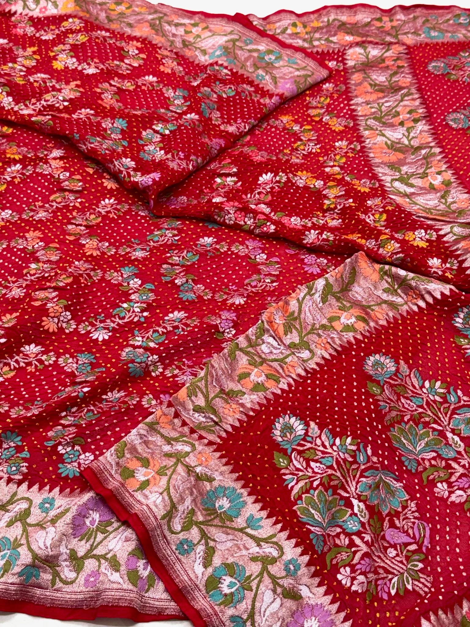 Red Pure Chiffon Georgette Handloom Authentic Banarasi Bandhej Saree - Heritage In A New Light