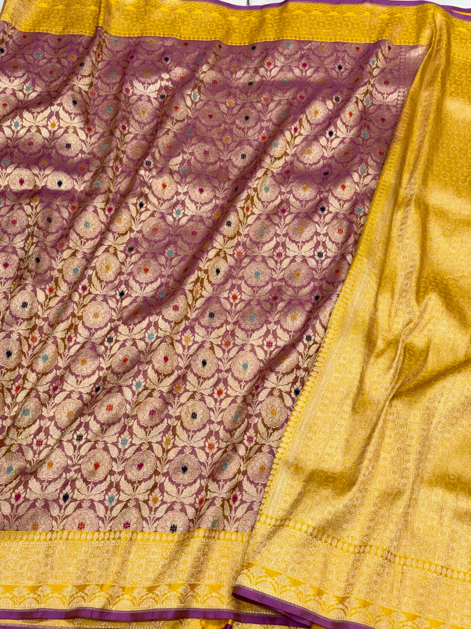 Lilac Pink/Mustard Yellow Pure Katan Mulberry Silk Handloom Banarasi Saree - The Modern Royal