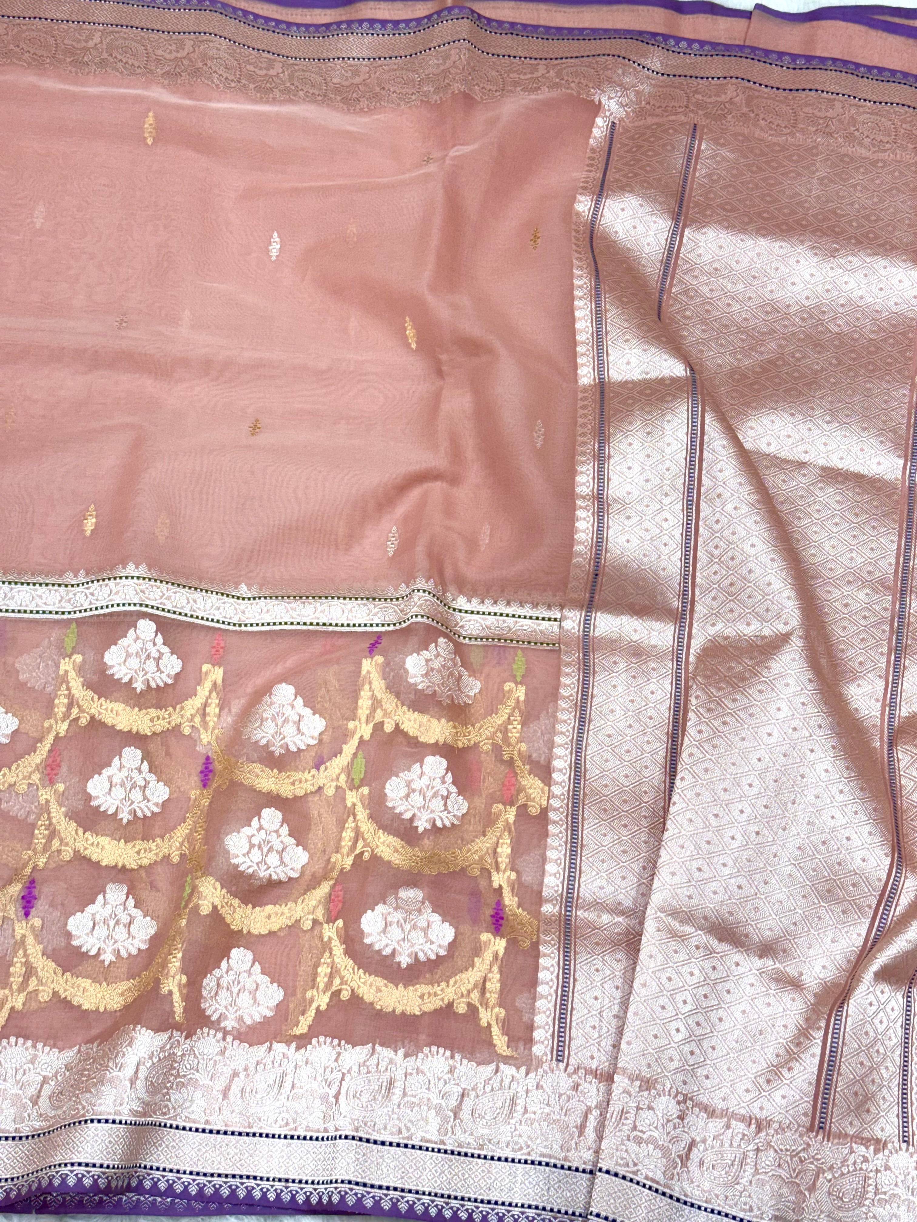 Peach Pure Kora Silk Handwoven Banarasi Half & Half Saree