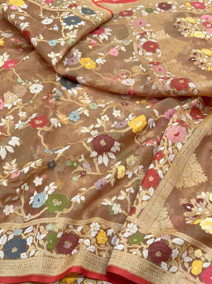 Brown Banarasi Handloom Saree | Pure Kora Mulberry Silk Jamdani Ektara Saree