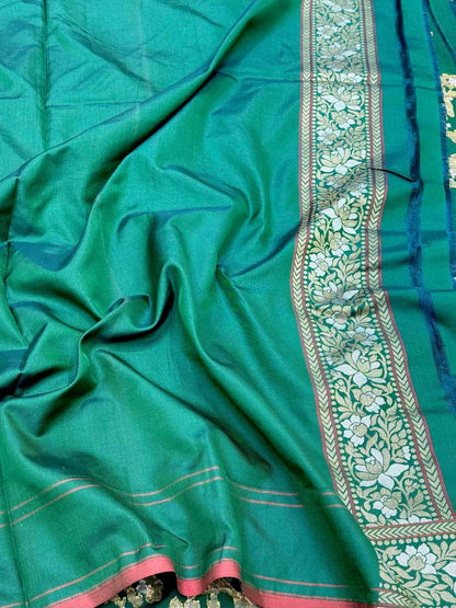 Green Pure Double Katan Silk Handloom Banarasi Saree | Ektara + Jamdani Weave |