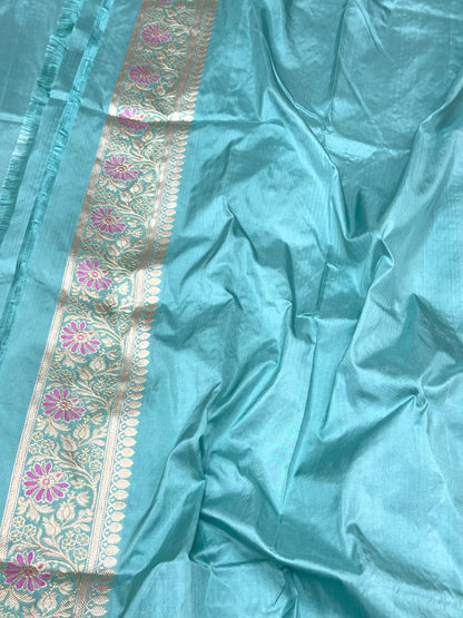 Aqua Blue Pure Mulberry Katan Silk Handwoven Banarasi Saree