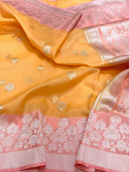 Orange Pure Kora Silk Handwoven Banarasi Saree With Kadhwa + Kadhiyal Weave