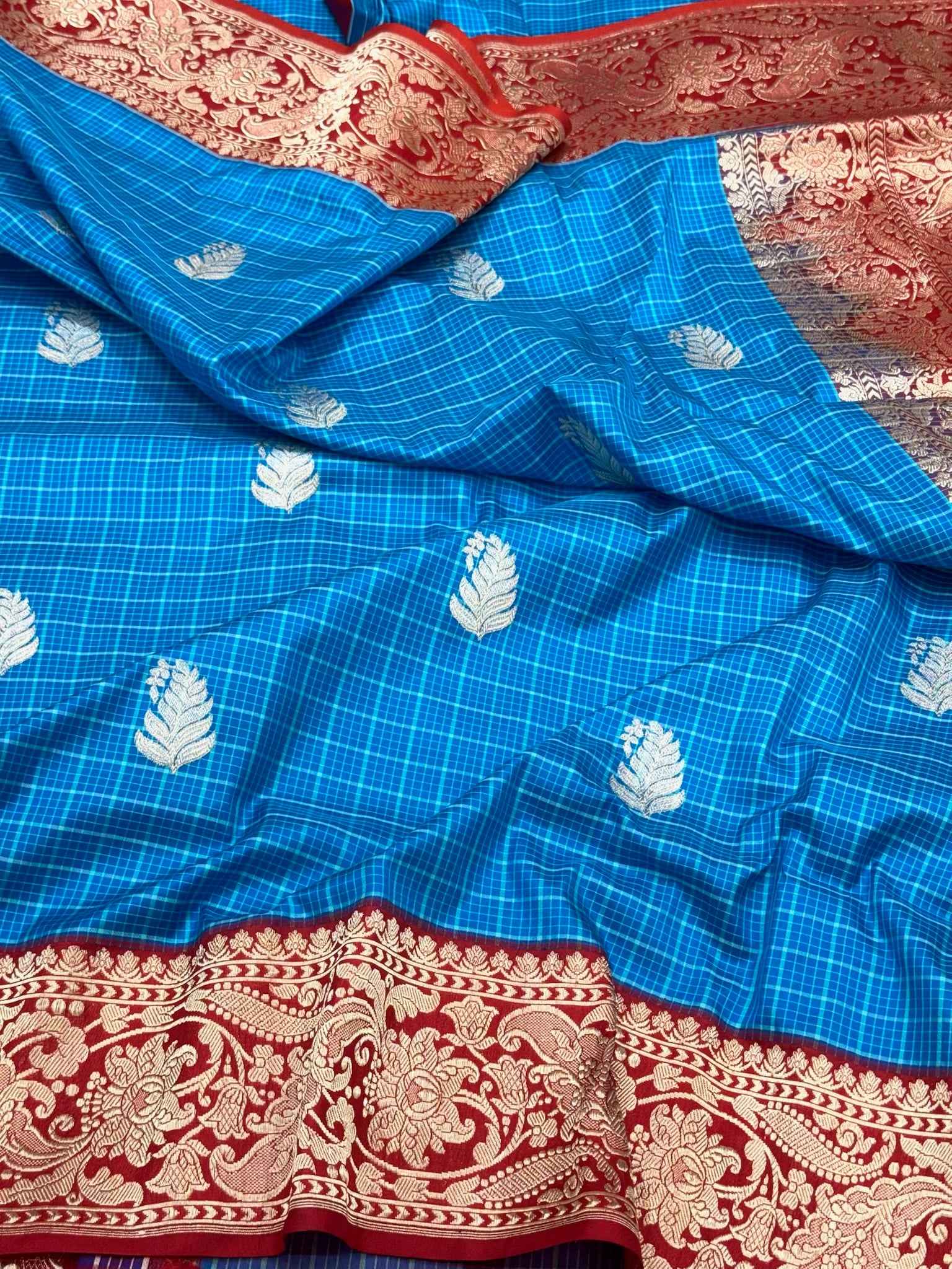 German Blue Handwoven Banarasi Checks Saree | Pure Mulberry Katan Silk - Contemporary Kadhwa Banarasi Saree