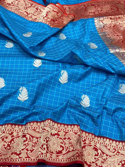 German Blue Handwoven Banarasi Checks Saree | Pure Mulberry Katan Silk - Contemporary Kadhwa Banarasi Saree