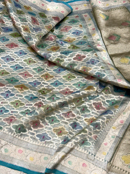 Blue Pure Mulberry Tissue Silk Handloom Banrasi Saree |Ektara Weave|